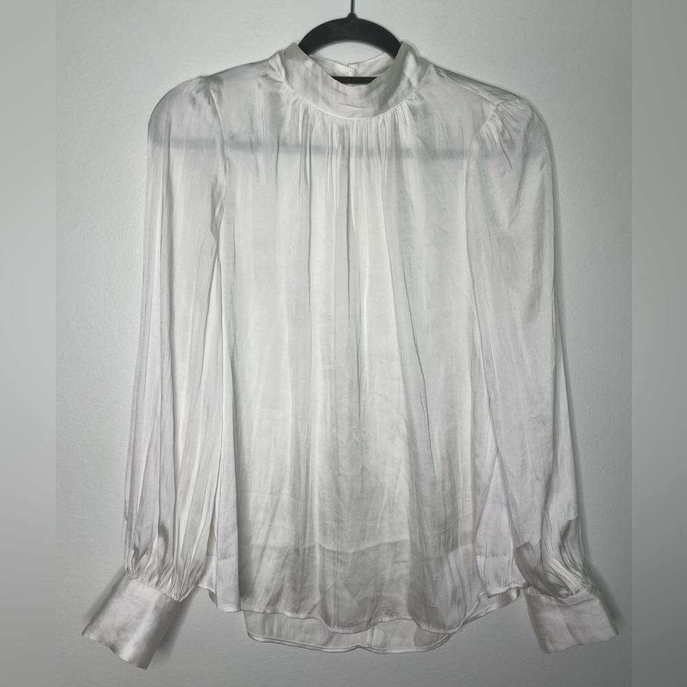 H&M satin wide mock neck Victorian white blouse